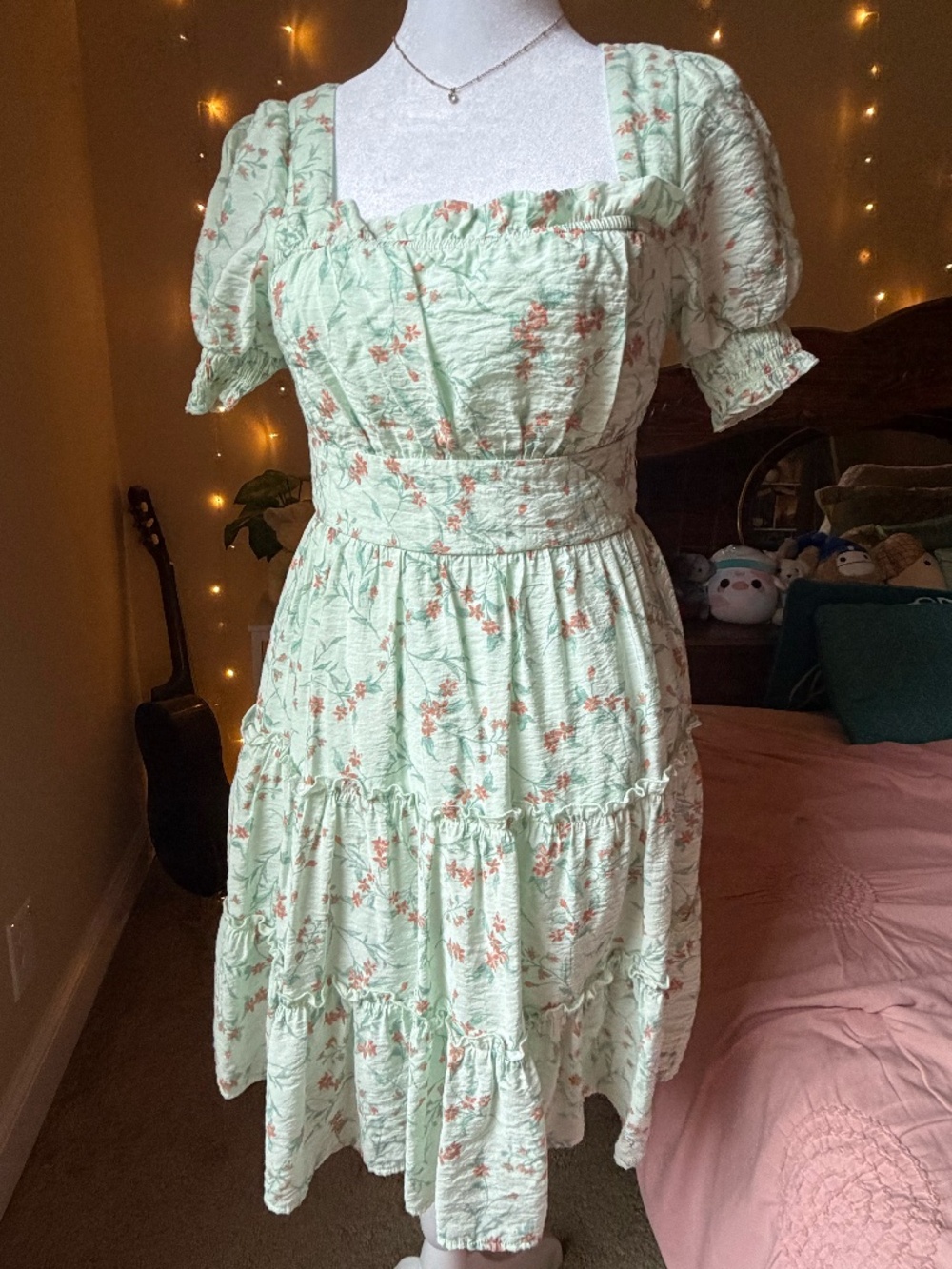 mint/sage green floral puff sleeve cottagecore mini dress